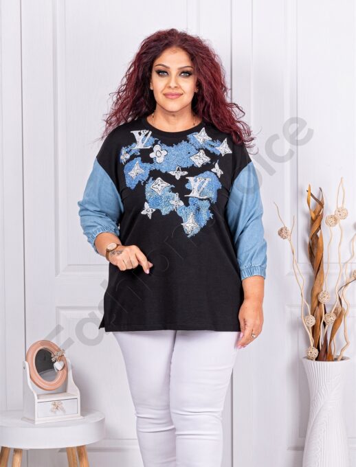 Plus size μπλούζα με απλικέ στρας και τζιν μανίκια-μπλε-κωδ 304-1