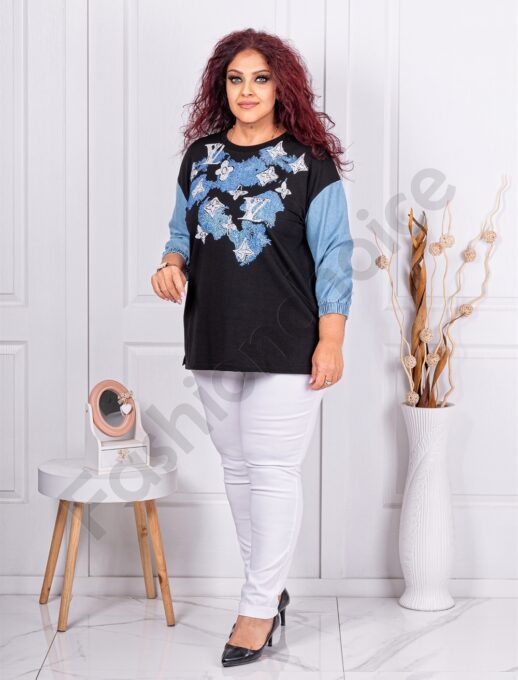 Plus size μπλούζα με απλικέ στρας και τζιν μανίκια-μπλε-κωδ 304-1