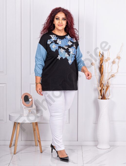 Plus size μπλούζα με απλικέ στρας και τζιν μανίκια-μπλε-κωδ 304-1