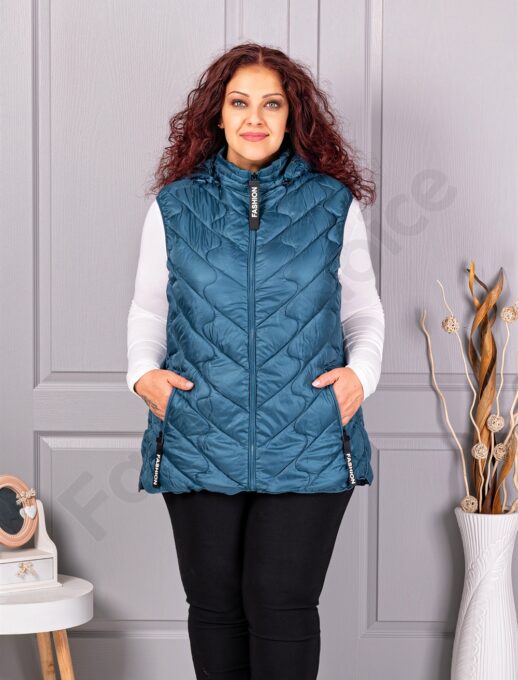 Plus size αμάνικο μπουφάν Fashion με κουκούλα-πετρόλ-κωδ 803-5