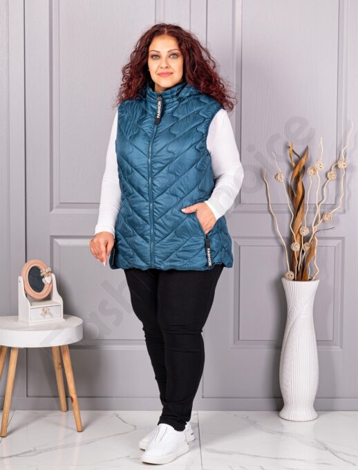 Plus size αμάνικο μπουφάν Fashion με κουκούλα-πετρόλ-κωδ 803-5