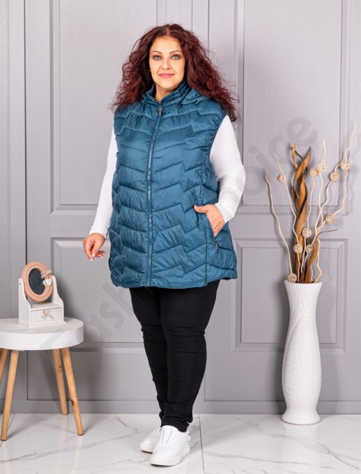 Plus size αμάνικο μπουφάν με κουκούλα /9XL-13XL/-πετρόλ-κωδ 812-1