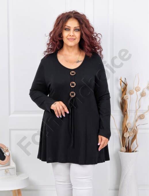 Plus size μπλούζα με ξύλινα κουμπιά-μαύρο-κωδ 16831