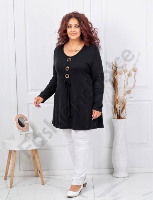 Plus size μπλούζα με ξύλινα κουμπιά-μαύρο-κωδ 16831