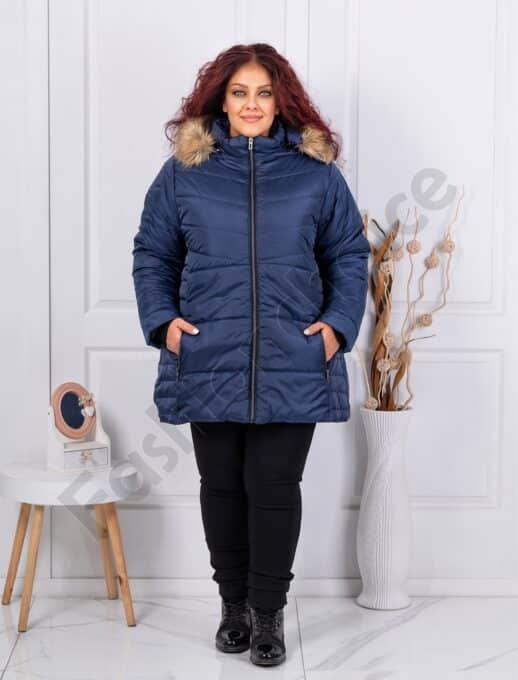 Plus size χειμωνιάτικο μπουφάν με κουκούλα και γούνα-μπλε κωδ 044-3