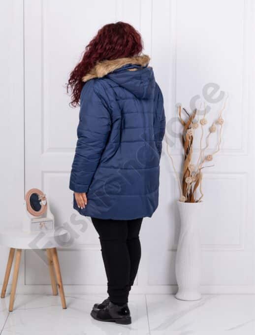 Plus size χειμωνιάτικο μπουφάν με κουκούλα και γούνα-μπλε κωδ 044-3