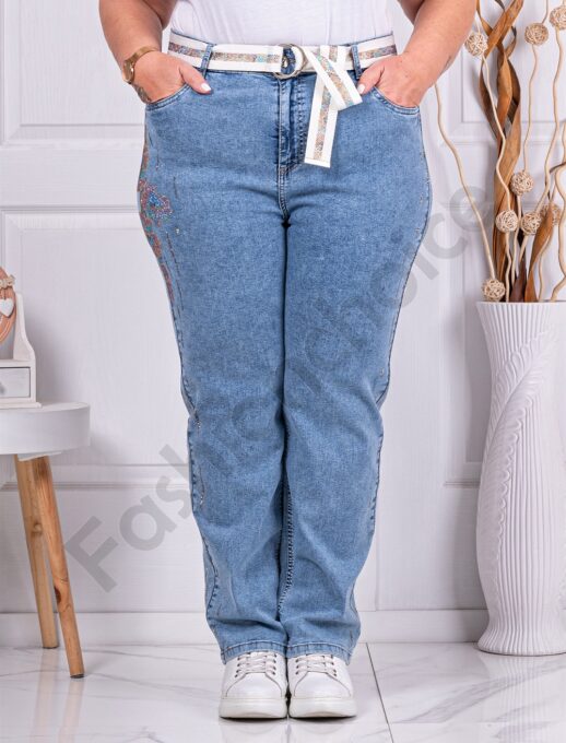 Plus size τζιν παντελόνι με απλικέ στρας στο πλάι-μπλε-κωδ 6384