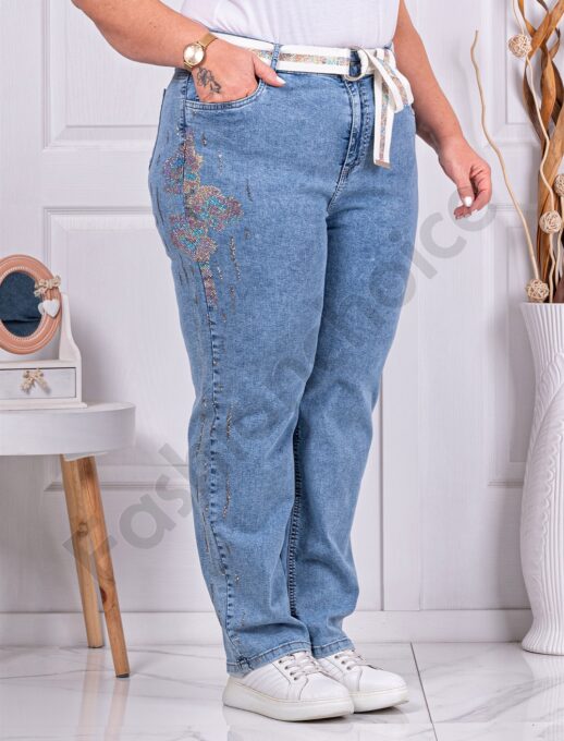 Plus size τζιν παντελόνι με απλικέ στρας στο πλάι-μπλε-κωδ 6384