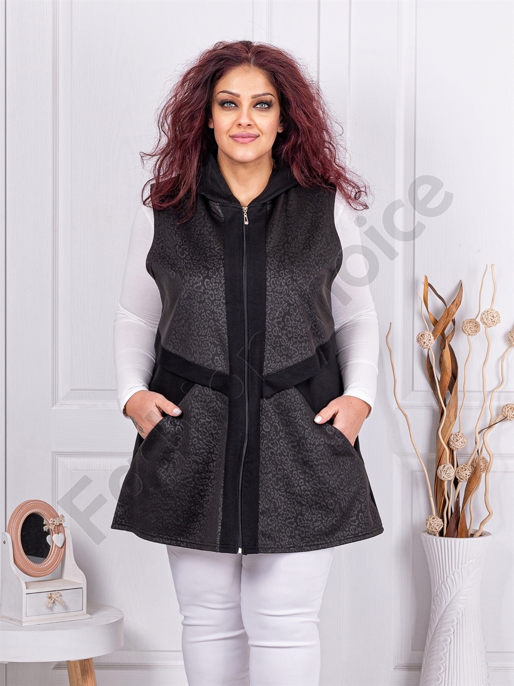 Plus size γιλέκο με κουκούλα-κωδ 1437