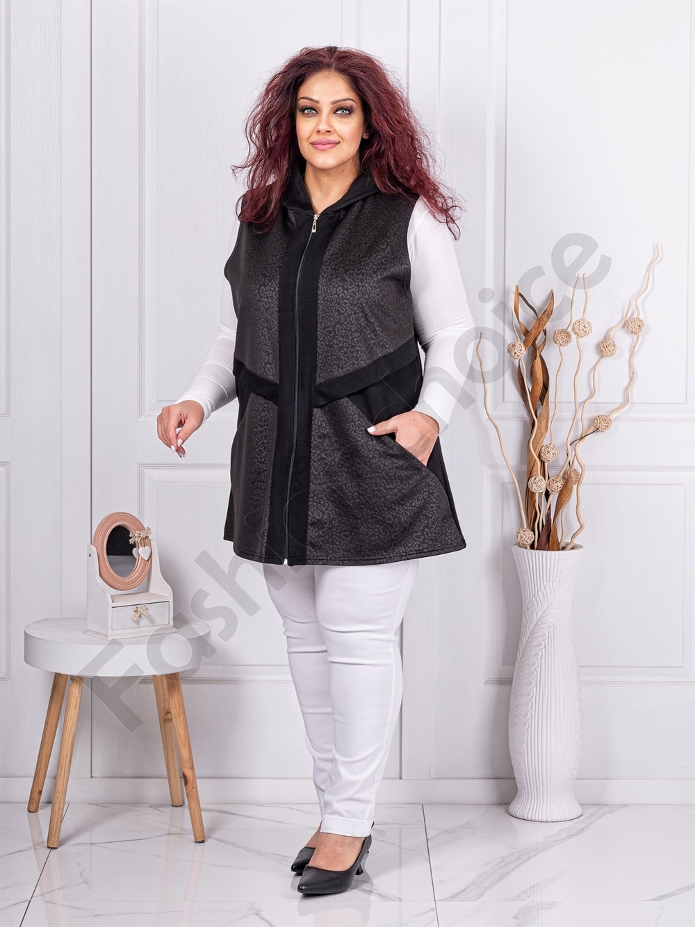 Plus size γιλέκο με κουκούλα-κωδ 1437
