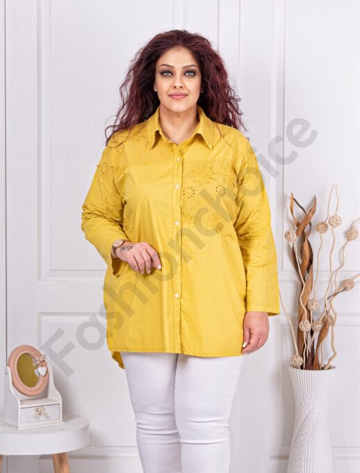 Plus size πουκάμισο με κέντημα μπροστά-μουσταρδί-κωδ 10563-9