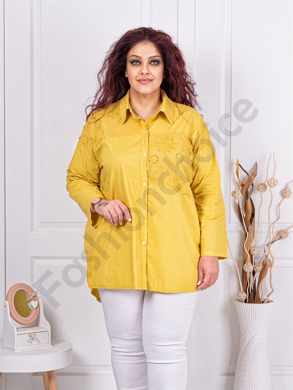Plus size πουκάμισο με κέντημα μπροστά-μουσταρδί-κωδ 10563-9