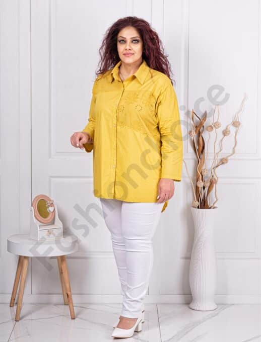 Plus size πουκάμισο με κέντημα μπροστά-μουσταρδί-κωδ 10563-9