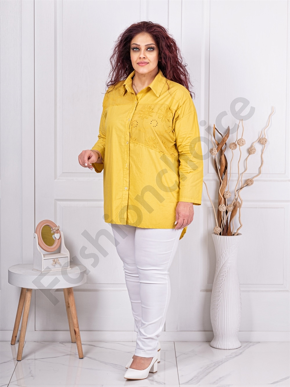 Plus size πουκάμισο με κέντημα μπροστά-μουσταρδί-κωδ 10563-9