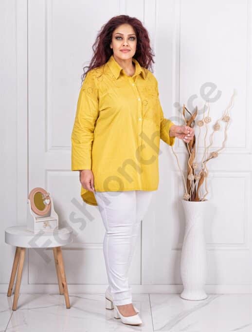 Plus size πουκάμισο με κέντημα μπροστά-μουσταρδί-κωδ 10563-9