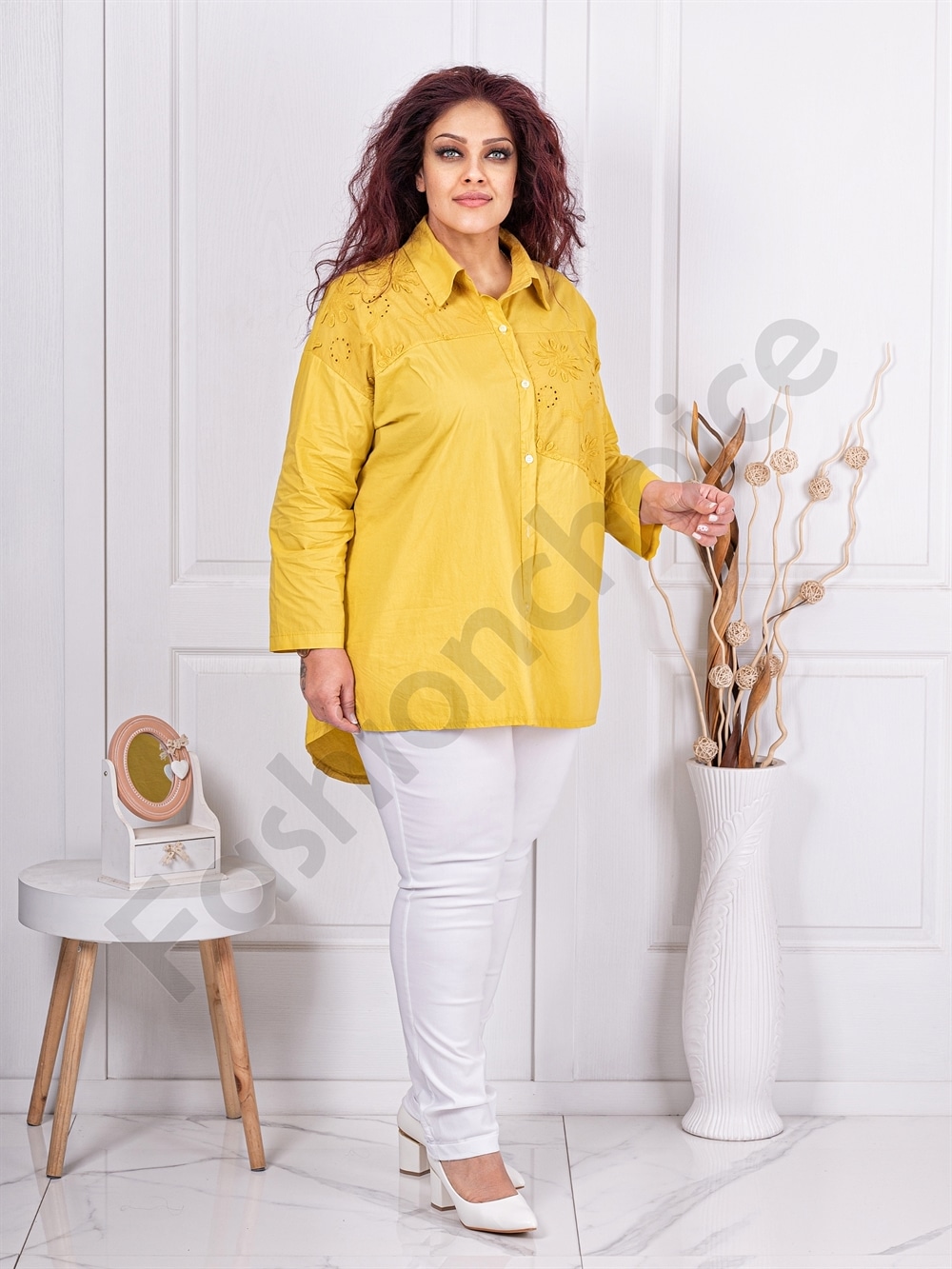 Plus size πουκάμισο με κέντημα μπροστά-μουσταρδί-κωδ 10563-9