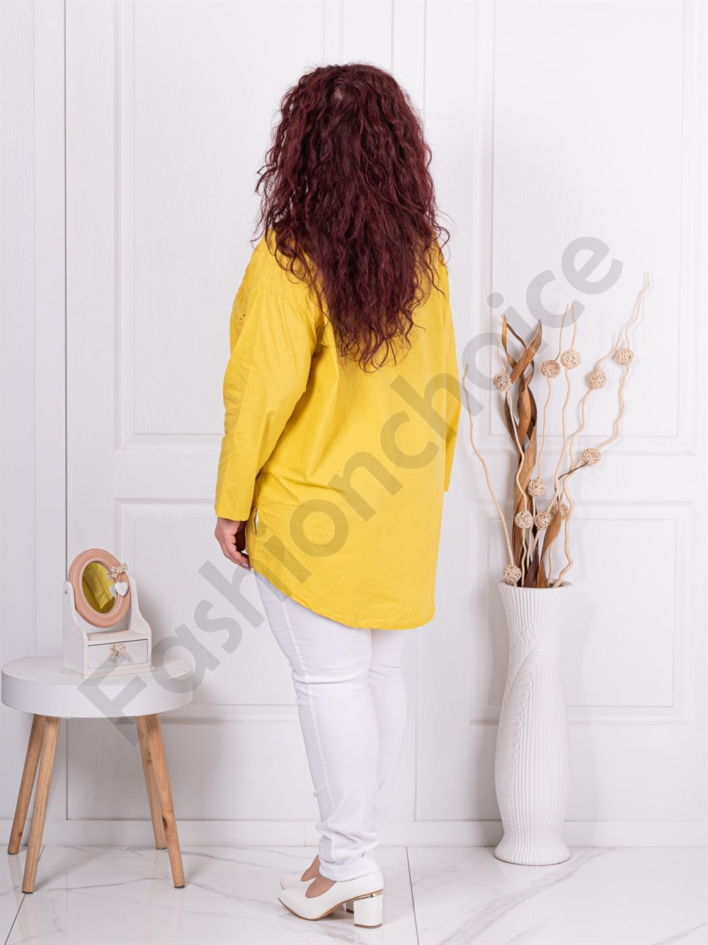 Plus size πουκάμισο με κέντημα μπροστά-μουσταρδί-κωδ 10563-9