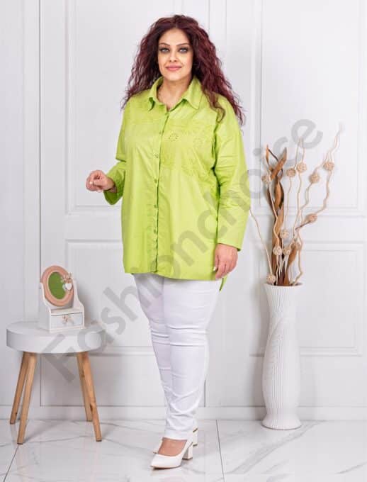 Plus size πουκάμισο με κέντημα μπροστά-πράσινο μήλο-κωδ 10563-5