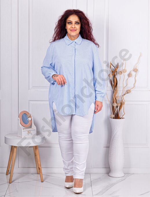 Plus size ριγέ πουκάμισο με στρας-ανοιχτό μπλε-κωδ 5047-4