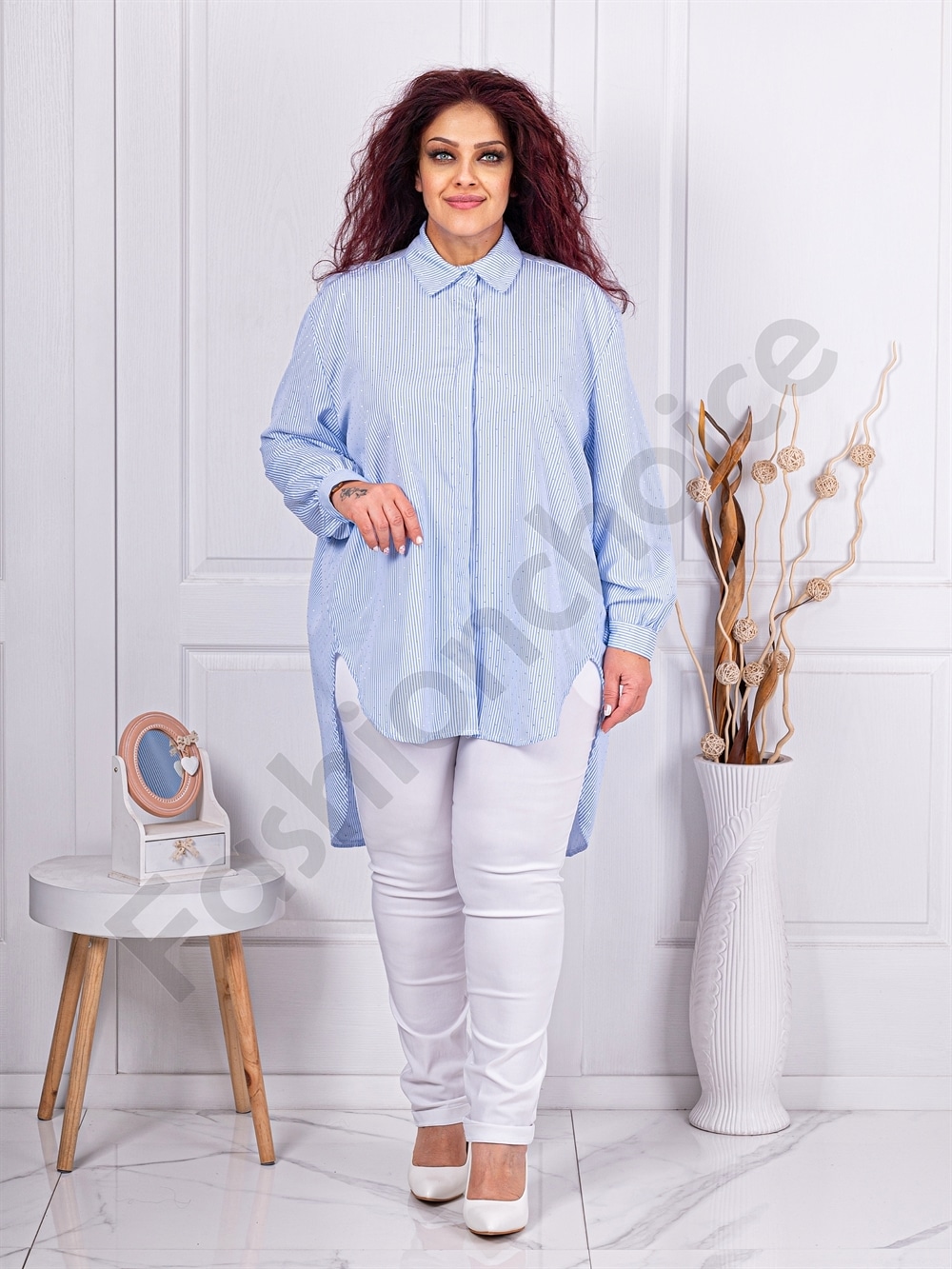 Plus size ριγέ πουκάμισο με στρας-ανοιχτό μπλε-κωδ 5047-4