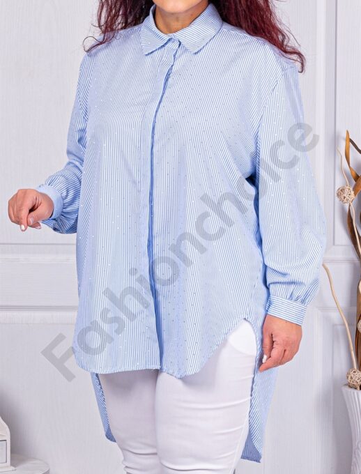 Plus size ριγέ πουκάμισο με στρας-ανοιχτό μπλε-κωδ 5047-4
