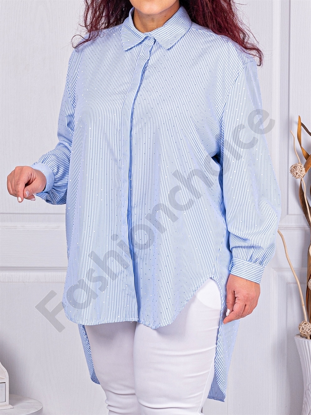 Plus size ριγέ πουκάμισο με στρας-ανοιχτό μπλε-κωδ 5047-4