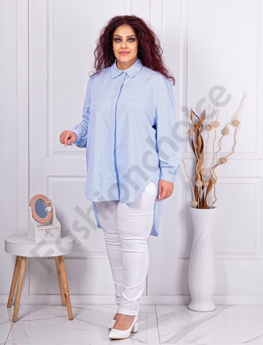 Plus size ριγέ πουκάμισο με στρας-ανοιχτό μπλε-κωδ 5047-4