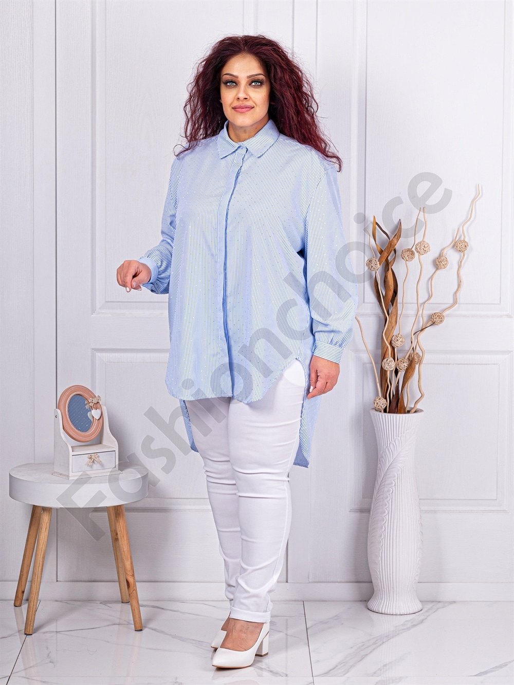Plus size ριγέ πουκάμισο με στρας-ανοιχτό μπλε-κωδ 5047-4