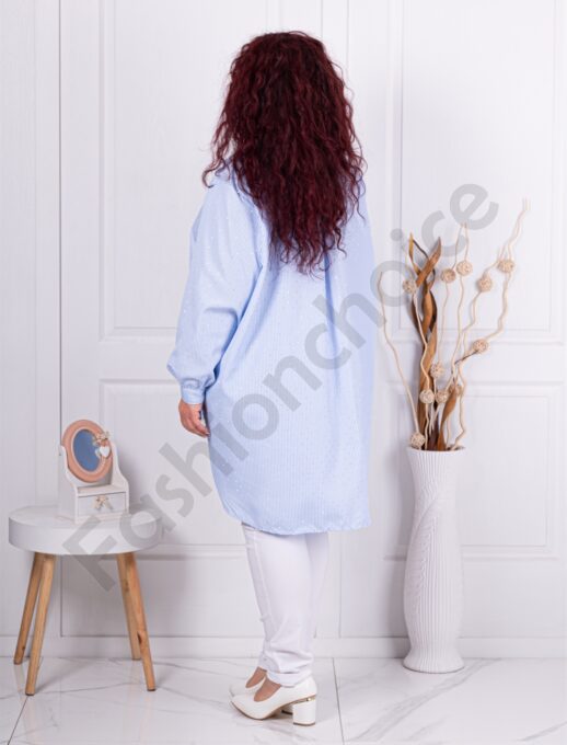 Plus size ριγέ πουκάμισο με στρας-ανοιχτό μπλε-κωδ 5047-4
