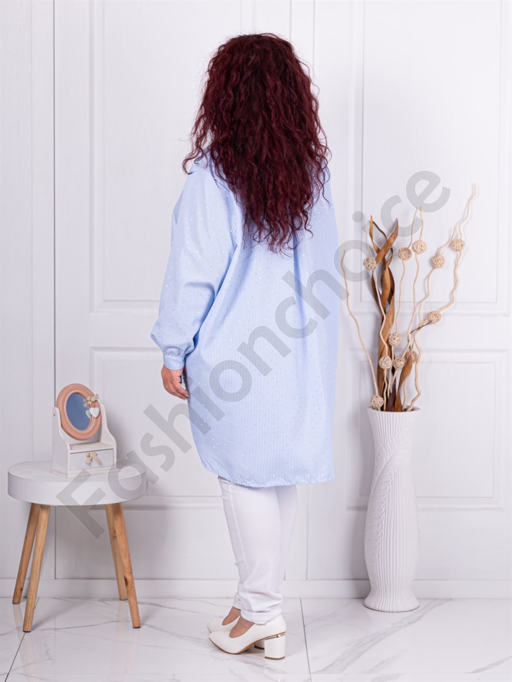 Plus size ριγέ πουκάμισο με στρας-ανοιχτό μπλε-κωδ 5047-4