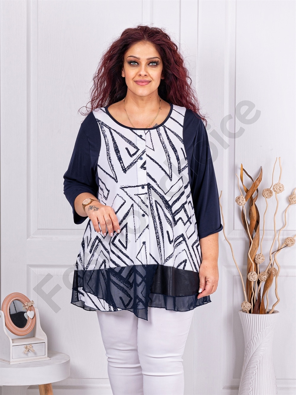 Plus size τουνίκ με βολάν τούλι-μπλε-κωδ 25001-1