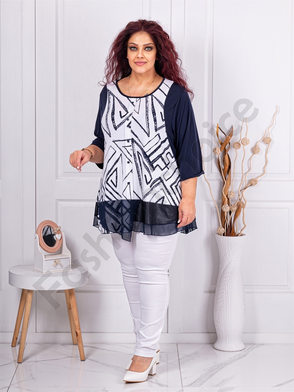 Plus size τουνίκ με βολάν τούλι-μπλε-κωδ 25001-1