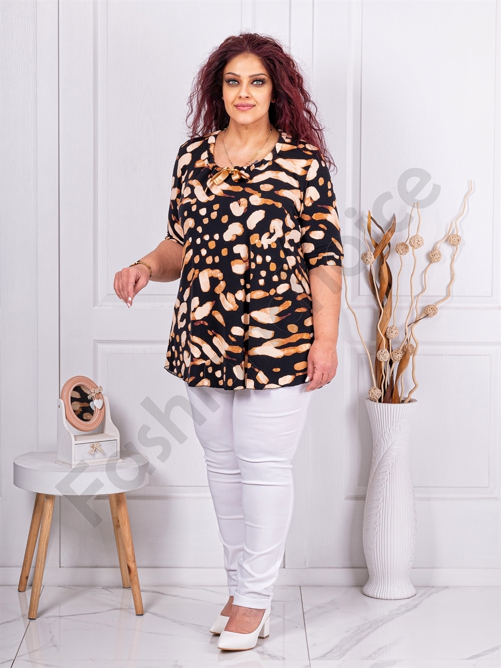 Plus size μπλούζα με ακανόνιστο σχέδιο-μπεζ-κωδ 1348-1