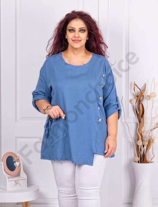 Plus size ασύμμετρη μπλούζα με κουμπιά-μπλε-κωδ 10997-1