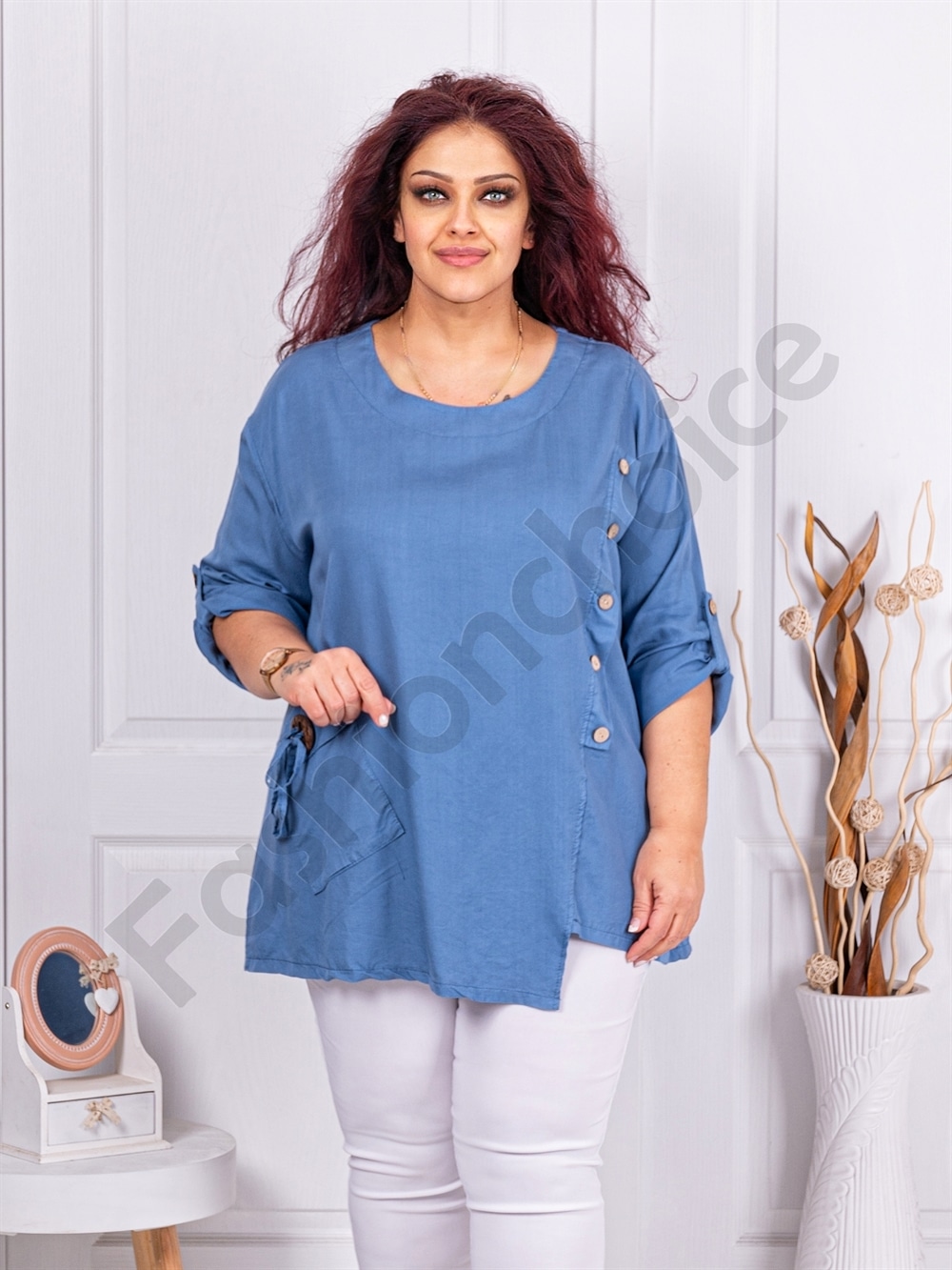 Plus size ασύμμετρη μπλούζα με κουμπιά-μπλε-κωδ 10997-1