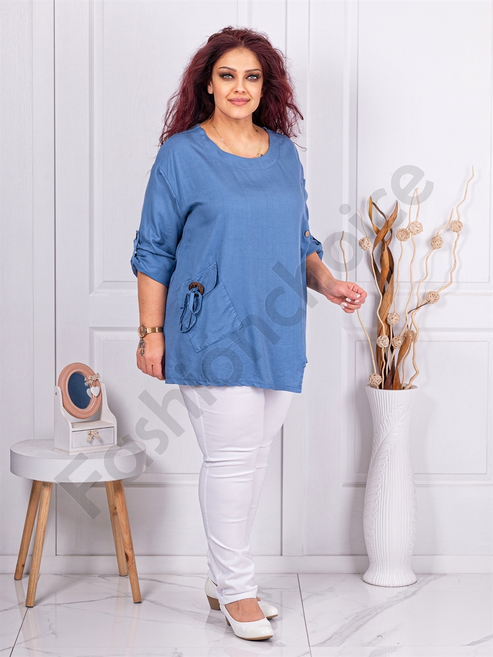Plus size ασύμμετρη μπλούζα με κουμπιά-μπλε-κωδ 10997-1