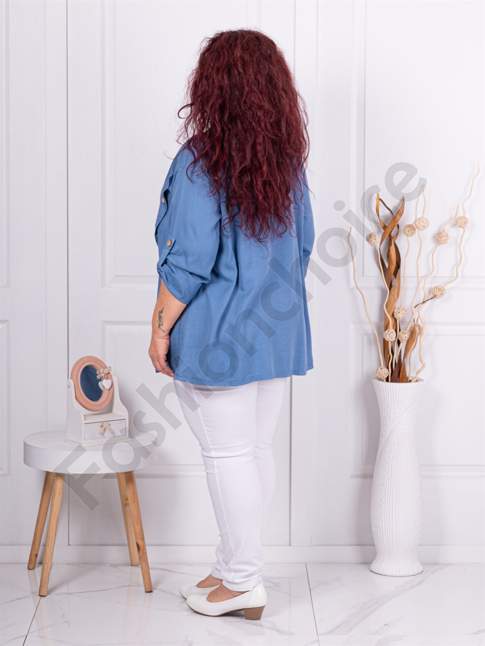 Plus size ασύμμετρη μπλούζα με κουμπιά-μπλε-κωδ 10997-1