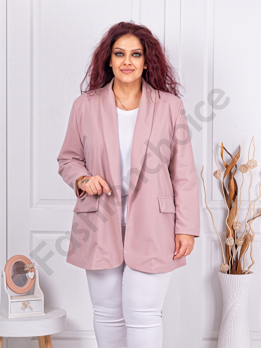 Plus size μπλέιζερ χωρίς κούμπωμα-ροζ-κωδ 2607-14