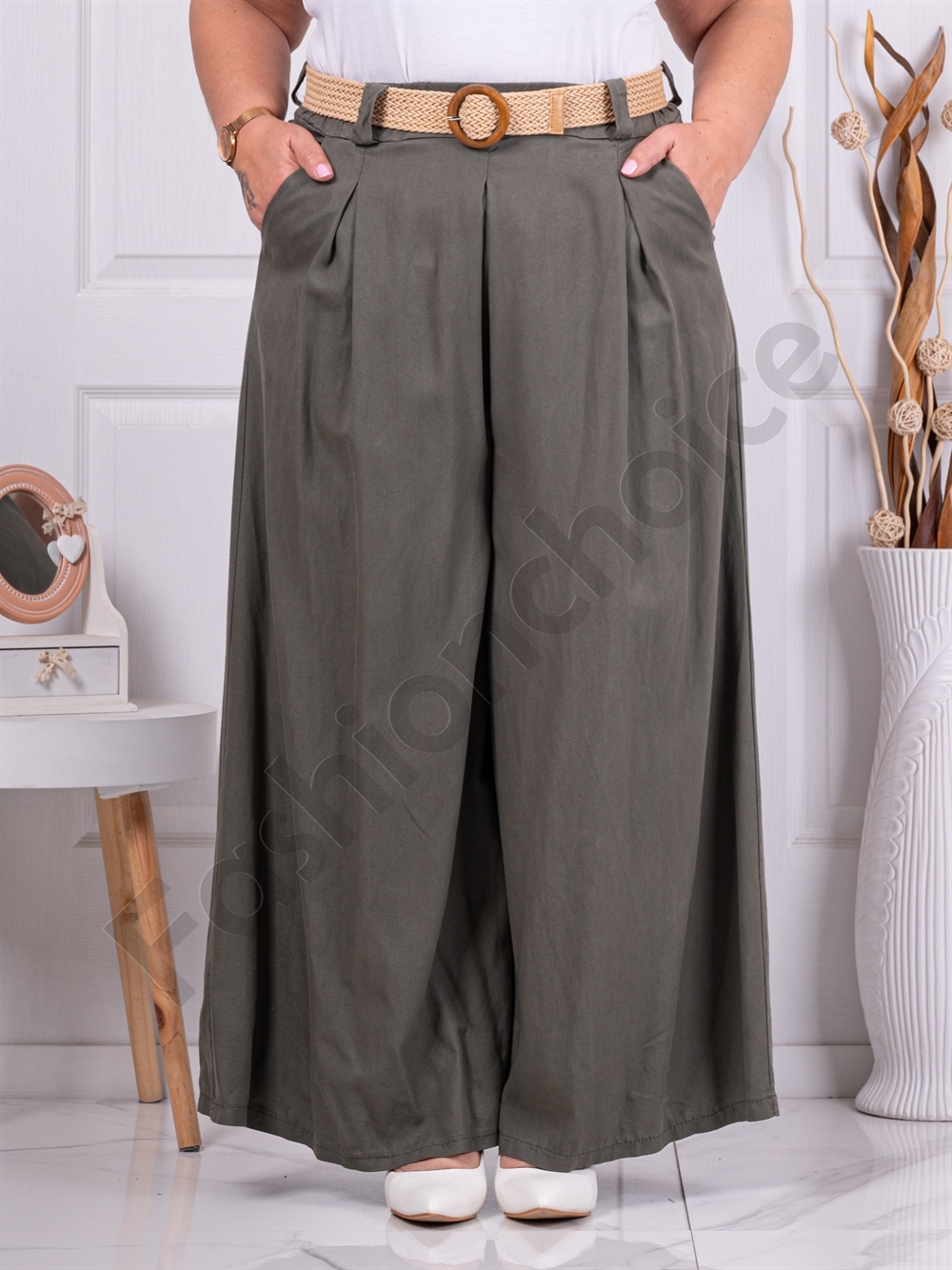 Plus size ψηλόμεση παντελόνα με ζώνη-χακί-κωδ 2292-4