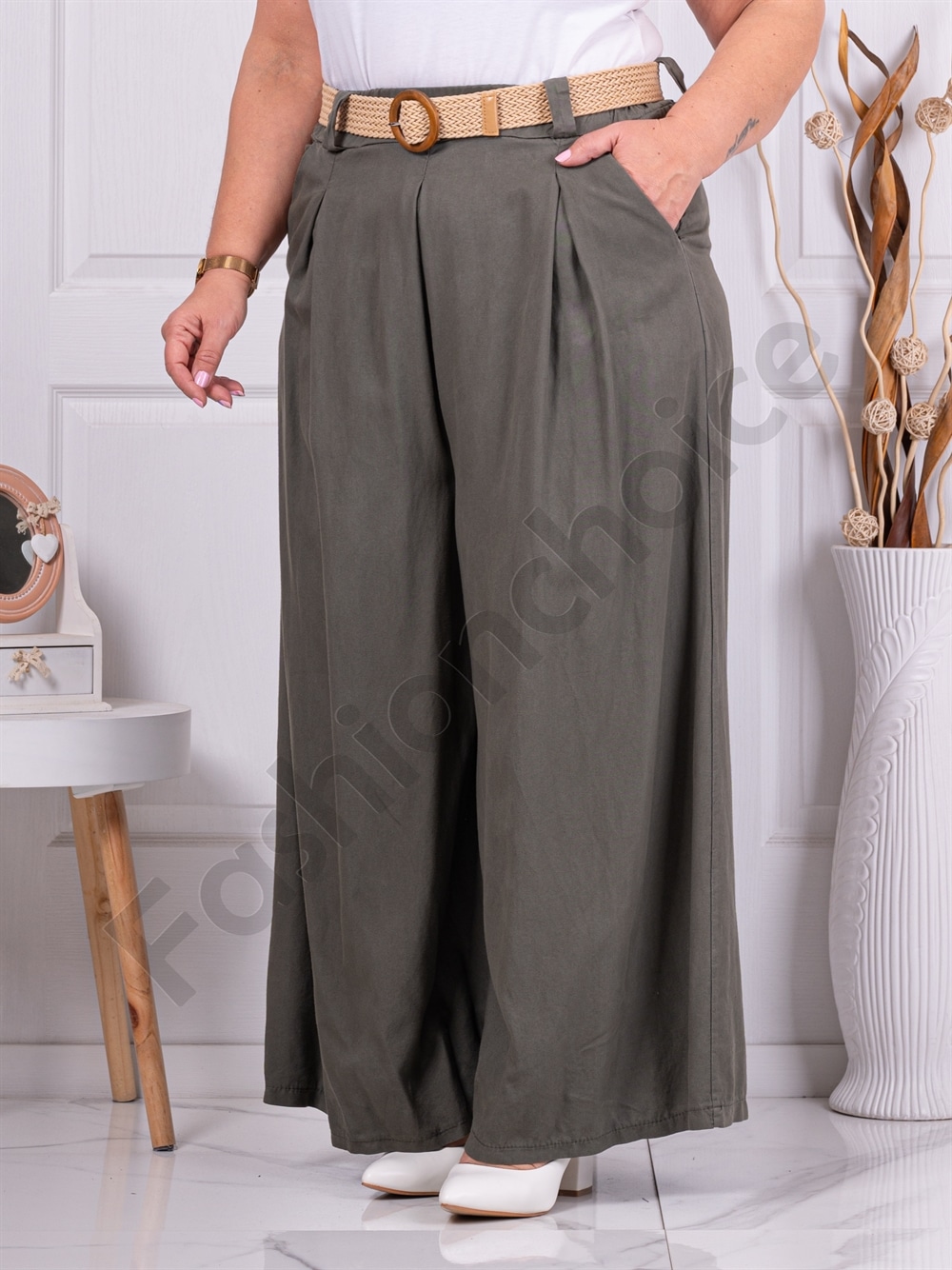 Plus size ψηλόμεση παντελόνα με ζώνη-χακί-κωδ 2292-4
