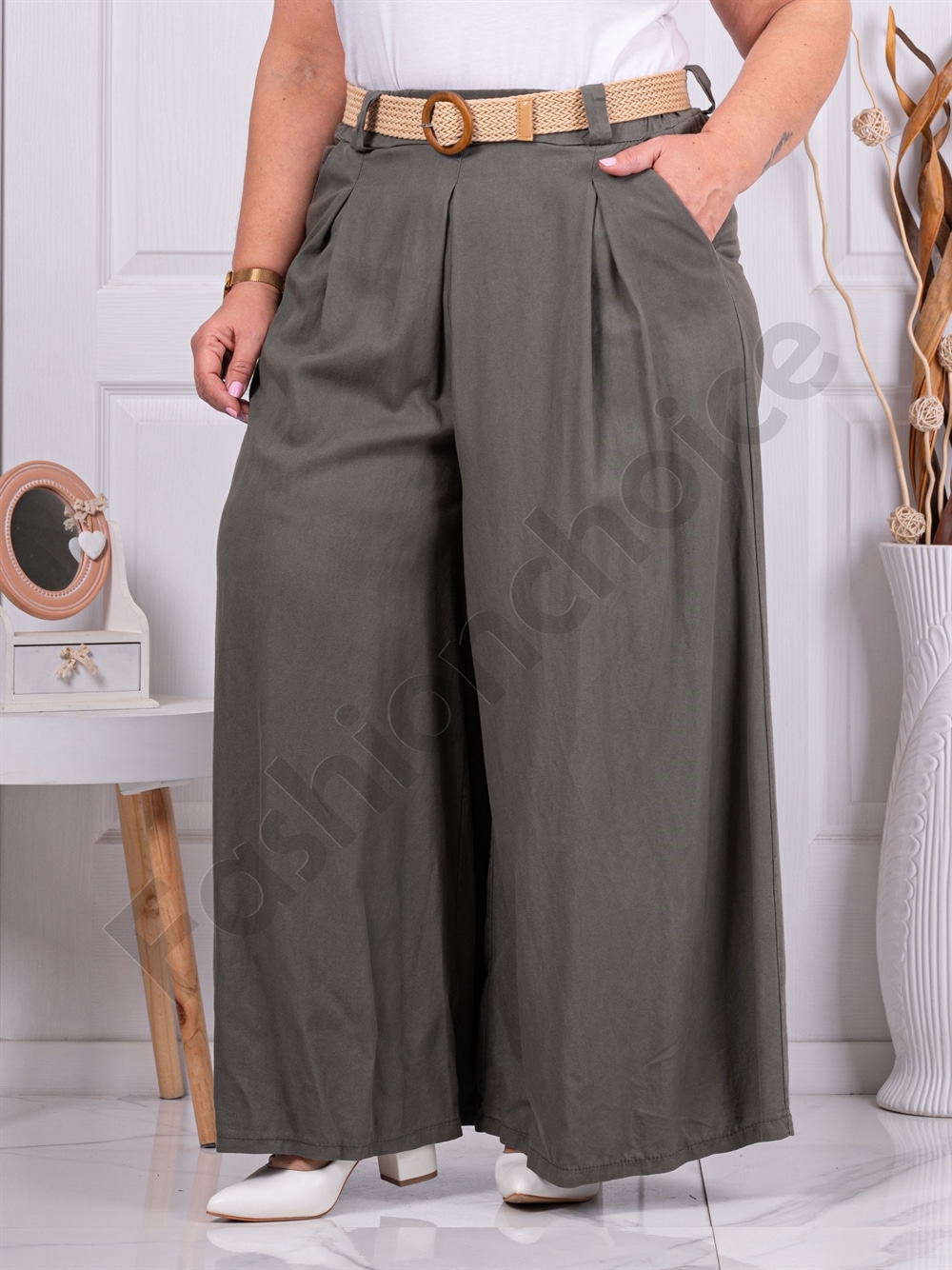 Plus size ψηλόμεση παντελόνα με ζώνη-χακί-κωδ 2292-4