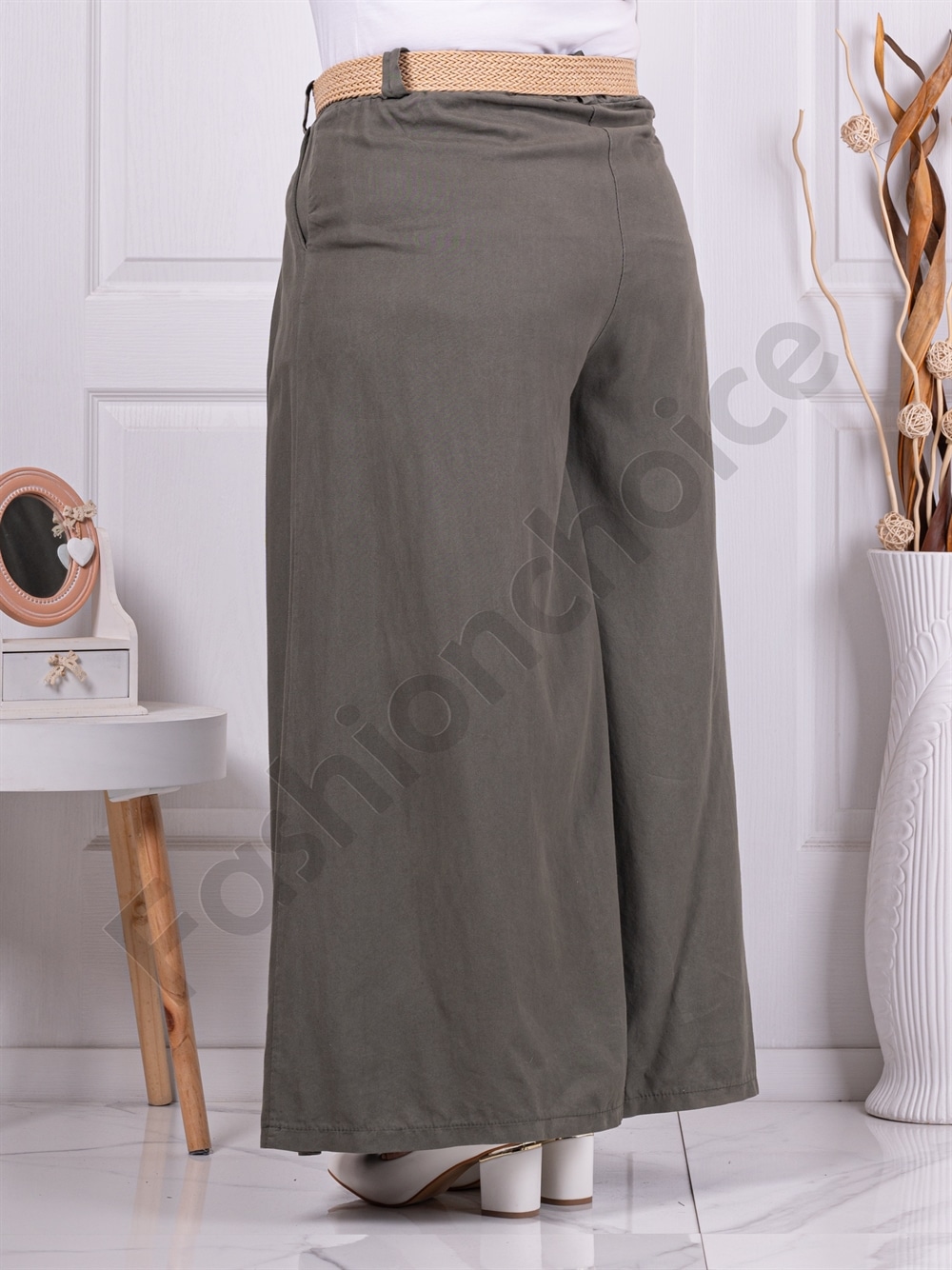 Plus size ψηλόμεση παντελόνα με ζώνη-χακί-κωδ 2292-4