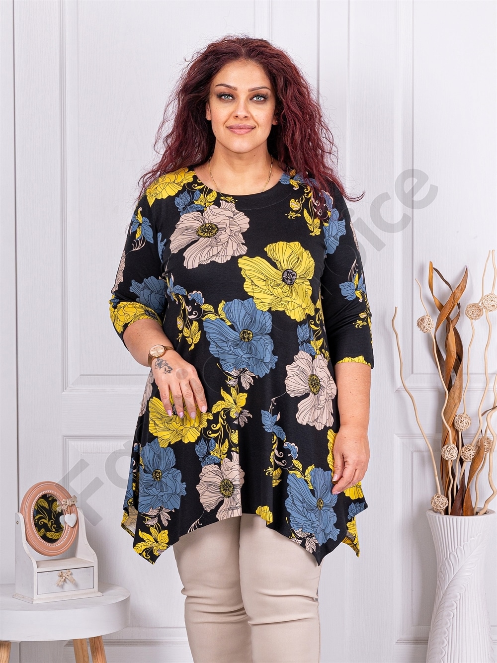 Plus size ασύμμετρη τουνίκ με μεγάλα λουλούδια-κωδ 25355-12