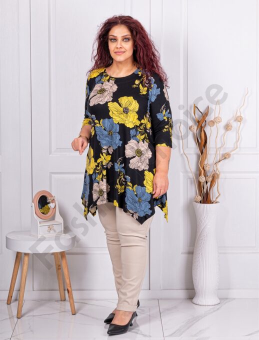 Plus size ασύμμετρη τουνίκ με μεγάλα λουλούδια-κωδ 25355-12