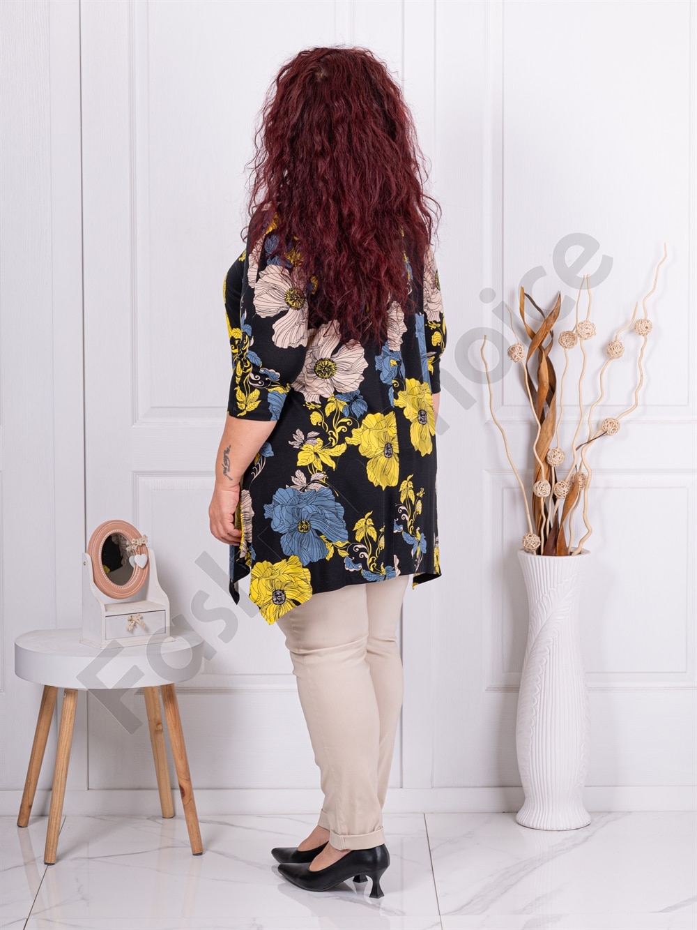 Plus size ασύμμετρη τουνίκ με μεγάλα λουλούδια-κωδ 25355-12