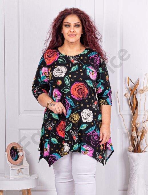 Plus size ασύμμετρη τουνίκ με πολύχρωμα λουλούδια-κωδ 25355-14