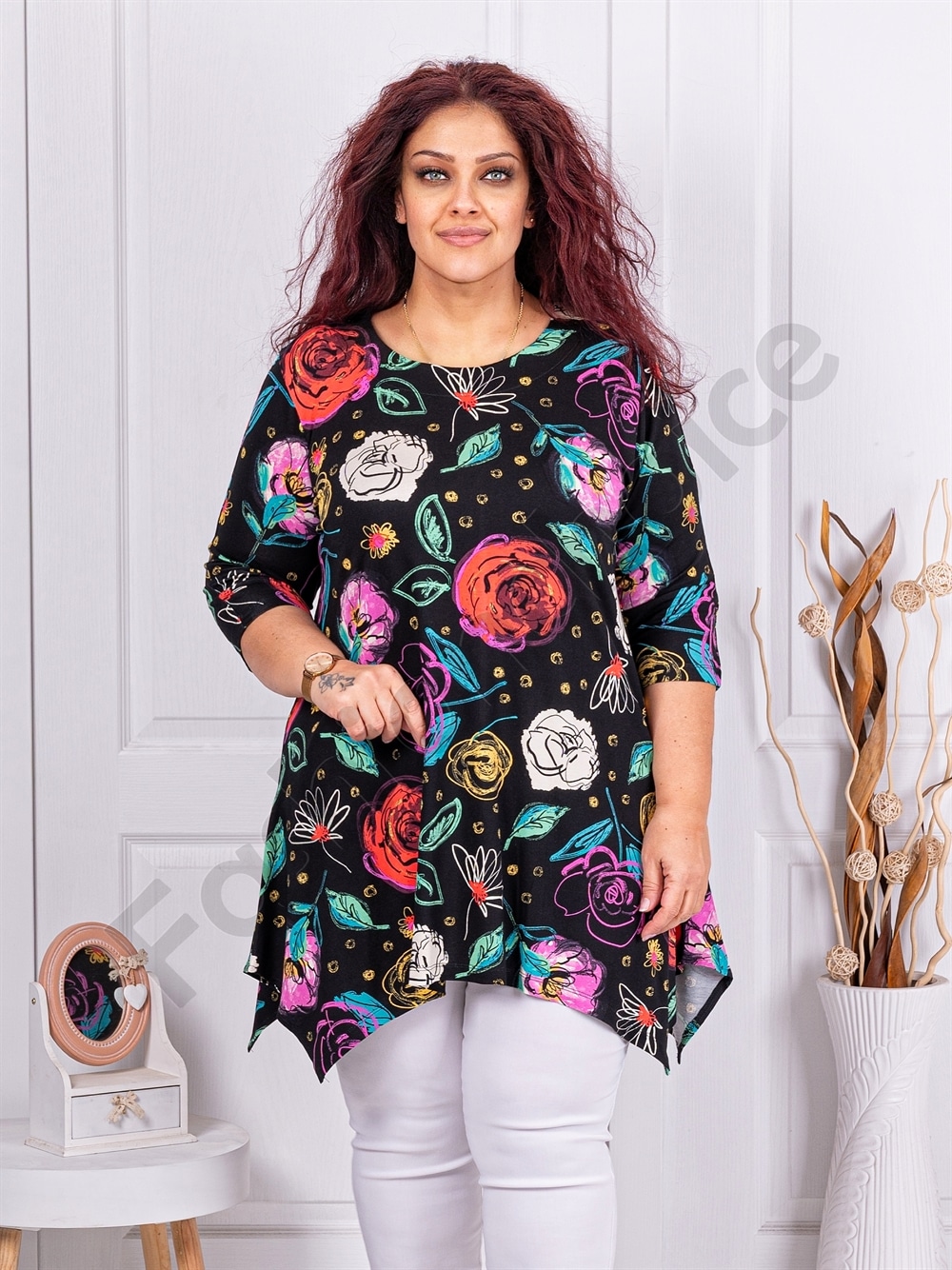 Plus size ασύμμετρη τουνίκ με πολύχρωμα λουλούδια-κωδ 25355-14
