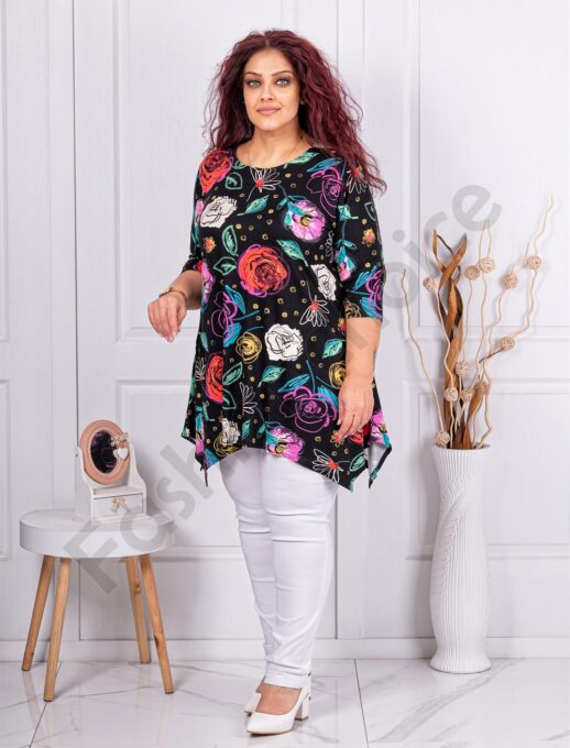 Plus size ασύμμετρη τουνίκ με πολύχρωμα λουλούδια-κωδ 25355-14