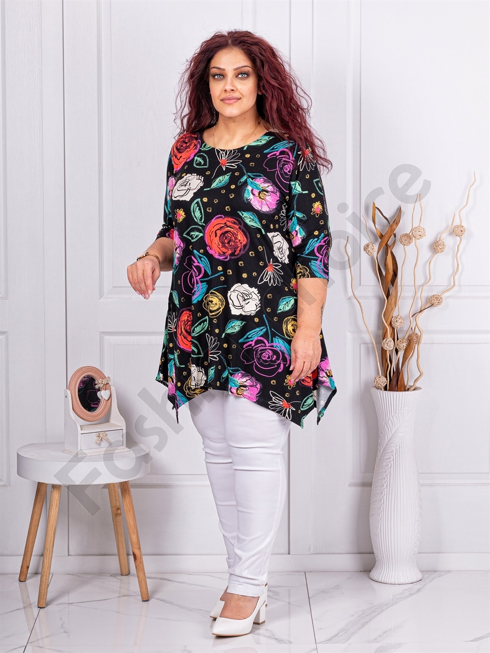 Plus size ασύμμετρη τουνίκ με πολύχρωμα λουλούδια-κωδ 25355-14