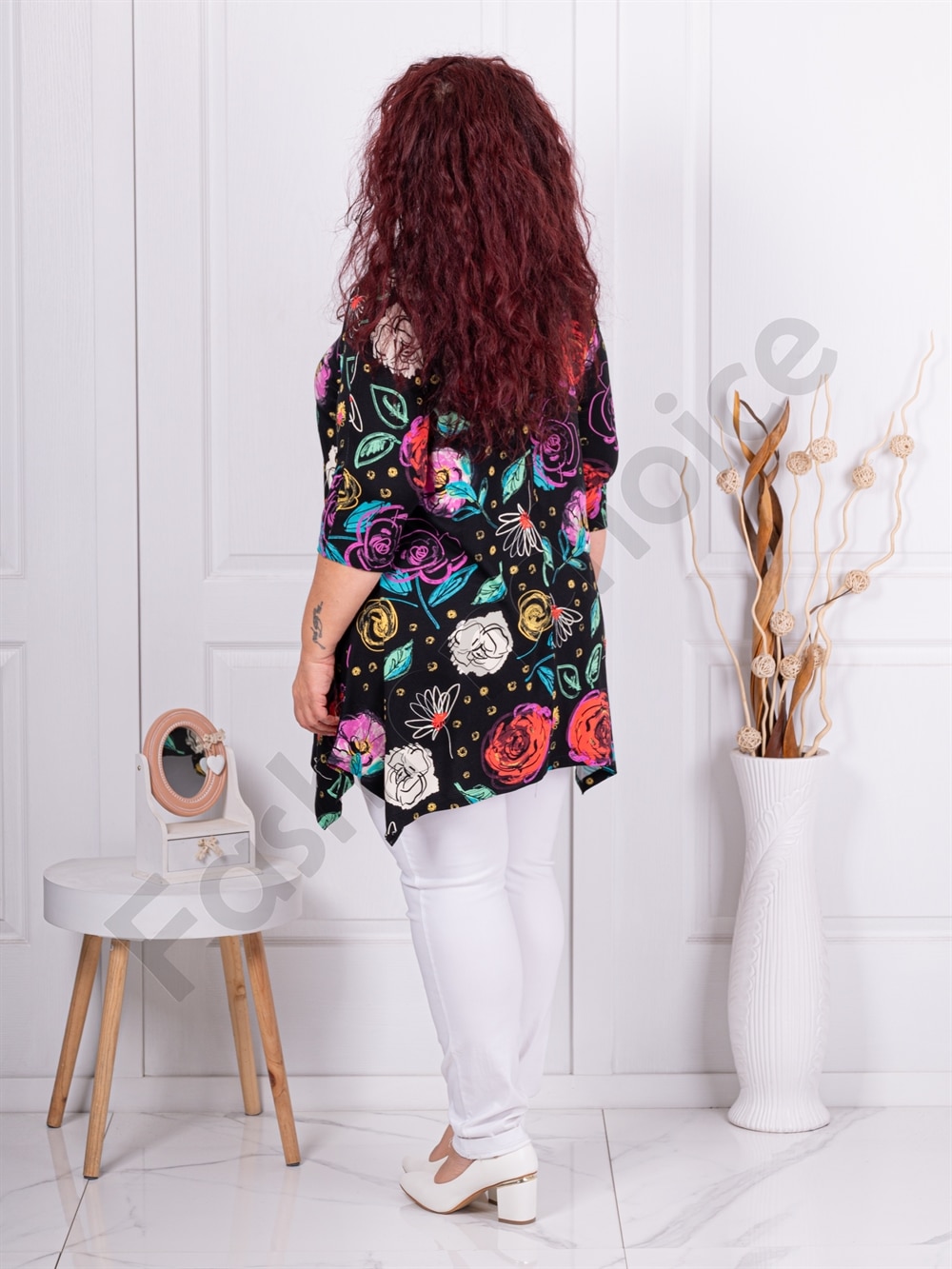 Plus size ασύμμετρη τουνίκ με πολύχρωμα λουλούδια-κωδ 25355-14